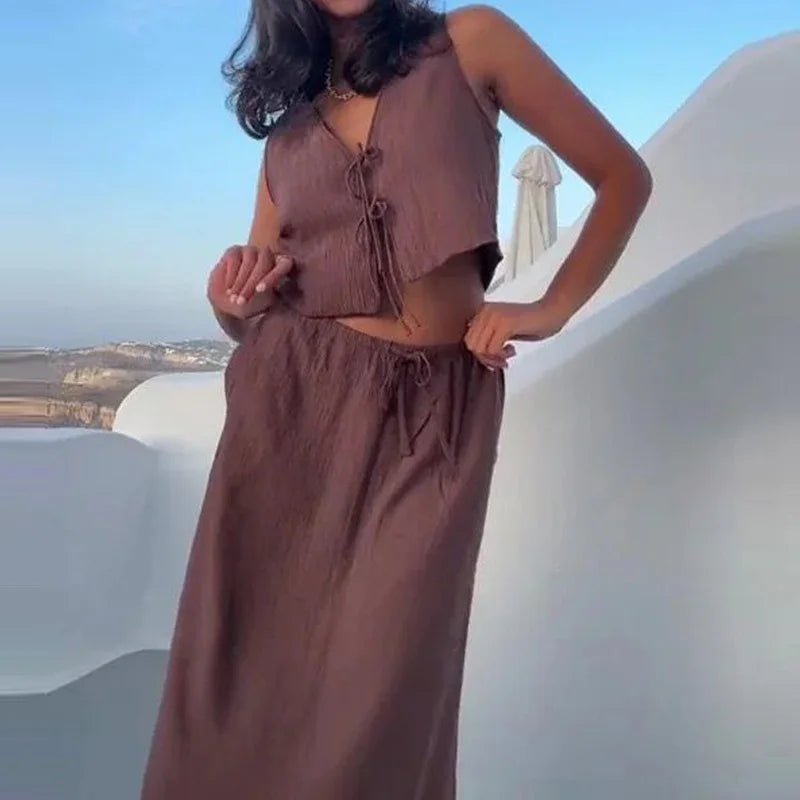 TRAF Skirt Two Piece Set Tied Sleeveless Vest Top High Waist Women's Midi Skirt Summer Waistcoat Long Skirt And Top Set Women