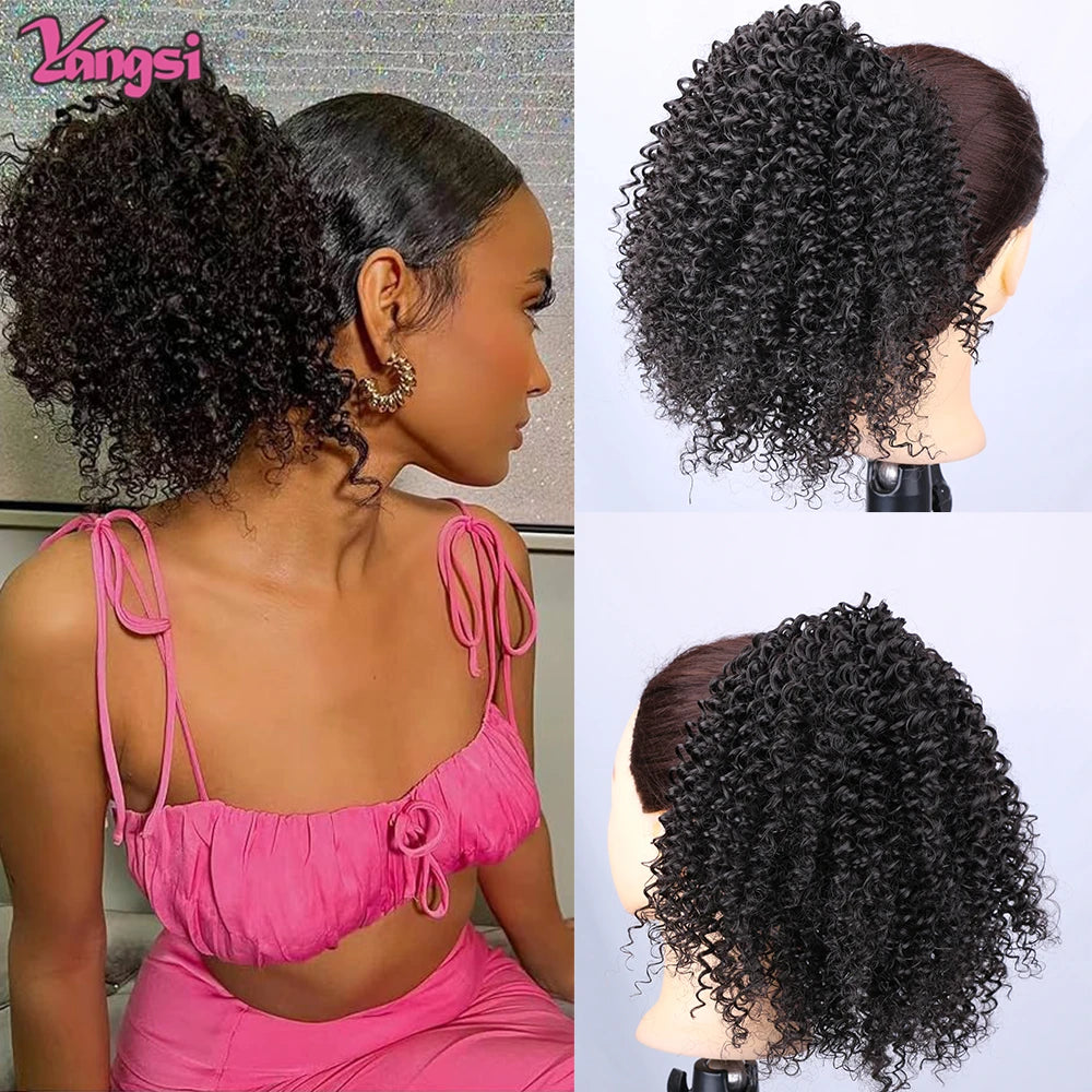 Afro Curly Ponytail for Black Women Drawstring Ponytail Kinky Synthetic hair Extension Ombre Bug Color Clip in For Party