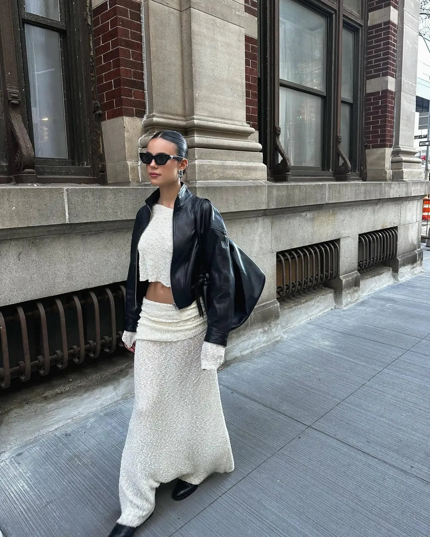 Knitted Skirt Set Women's Summer Off-Shoulder Long Sleeve Cropped Top Slim See-through Pleated Skirt Female Skirt Set