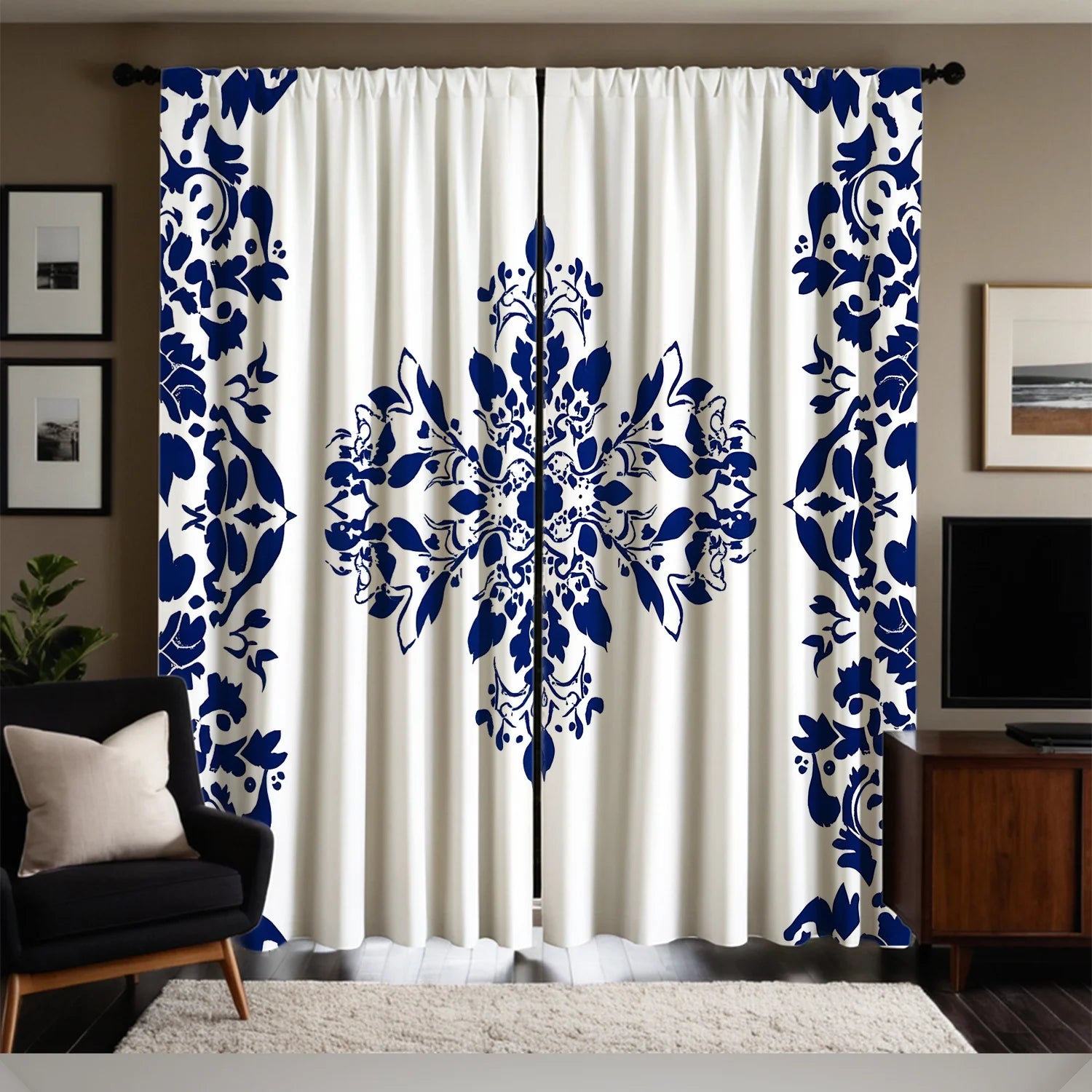 Blue & White Floral Curtains (2pcs)