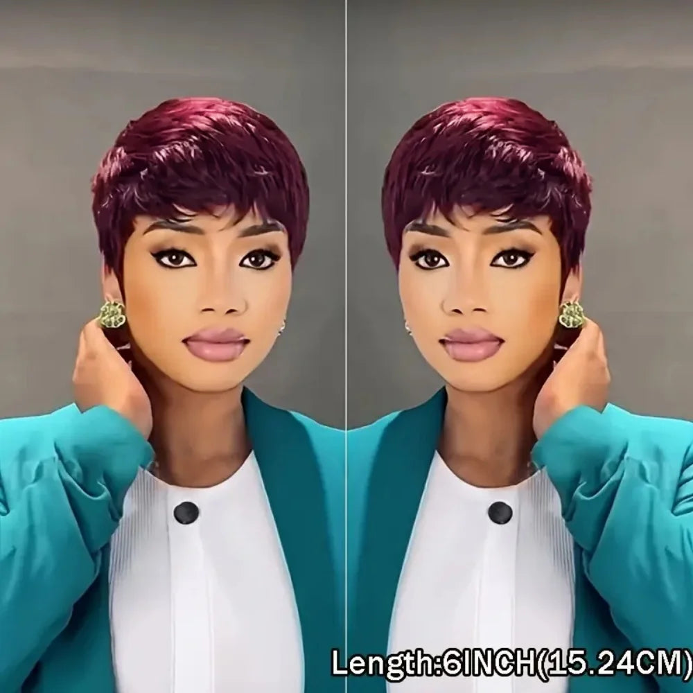 6-Inch Pixie Cut Wig with Bangs in Vibrant Red 99J Burgundy Brazilian Remy Human Hair wig