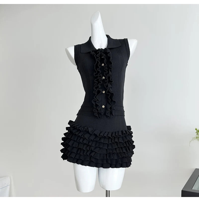 2 Two-Piece Knitted Skirt Sets Stylish Sleeveless Tank Tops and High Waist Layered Mini Skirts Black White Outfits Women Suits