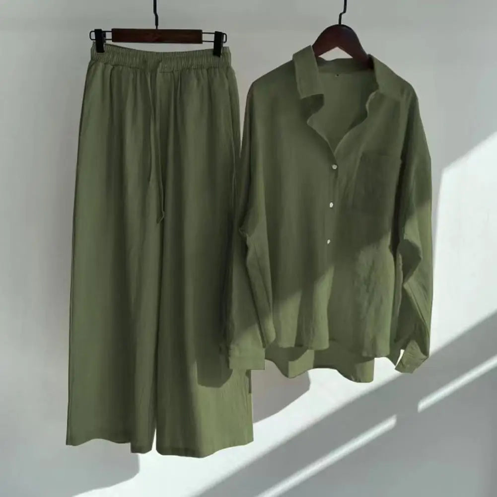 2 Pcs/Set Women Tops Pants Set Blouse Trousers Suit Skin-touch Long Sleeves Cardigan Solid Color Wide Leg Daily Clothes