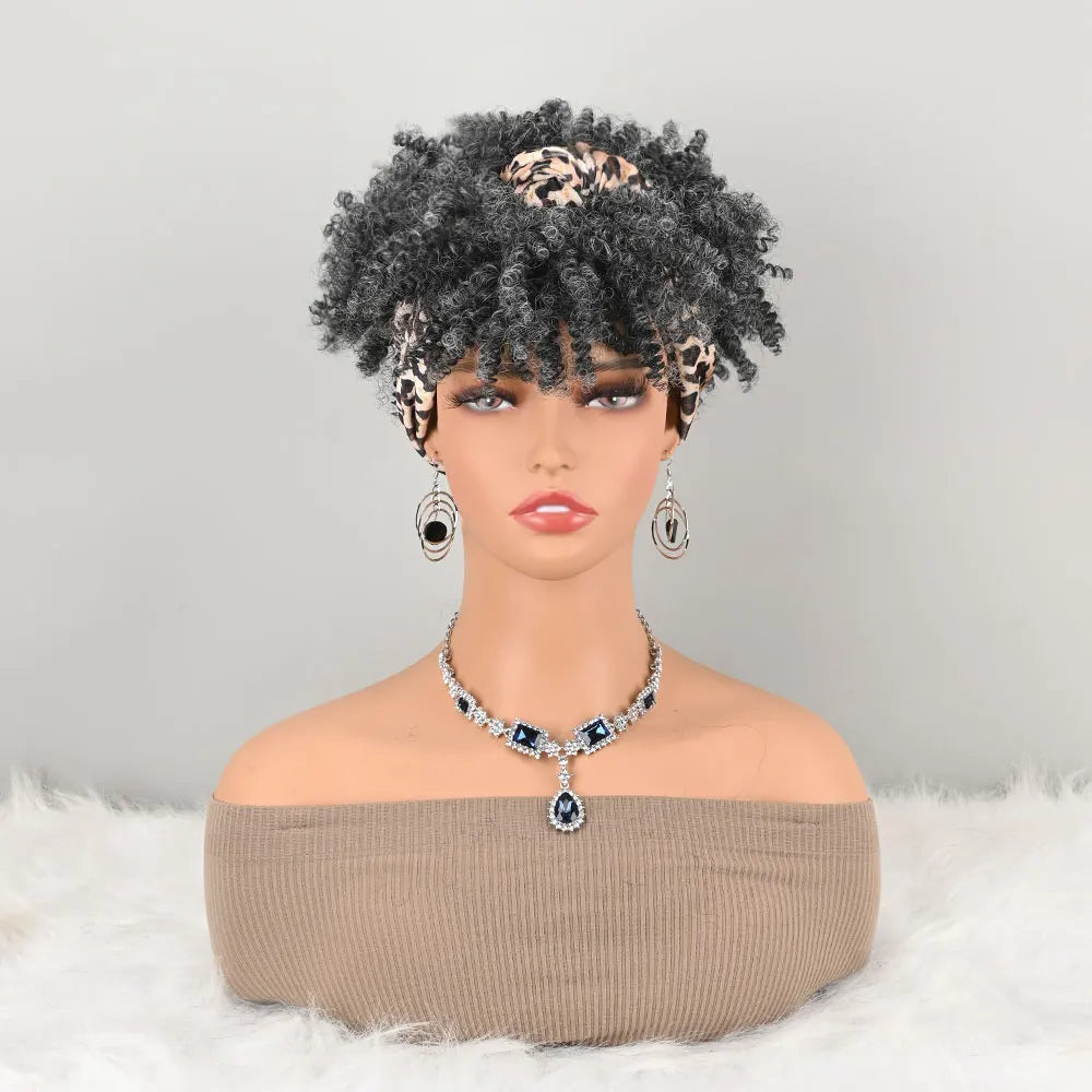 Pelucas con Diadema para Mujeres Negras, Pelucas Sintéticas Cortas Afro Rizadas y Crespas, Peluca Negra con Flequillo, Turbante Envolvente 2 en 1