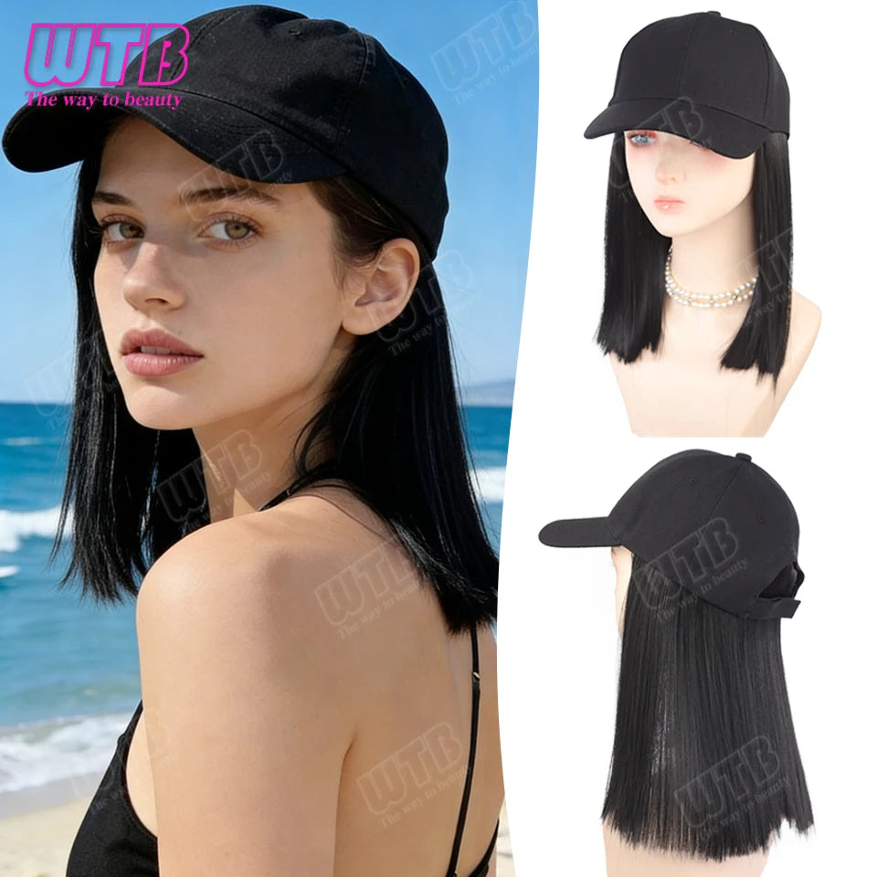 WTB Synthetic Hat Wig Black Short Straight Hair Adjustable Size Sunshade Cap Suitable for Women's Daily and Holiday Wear