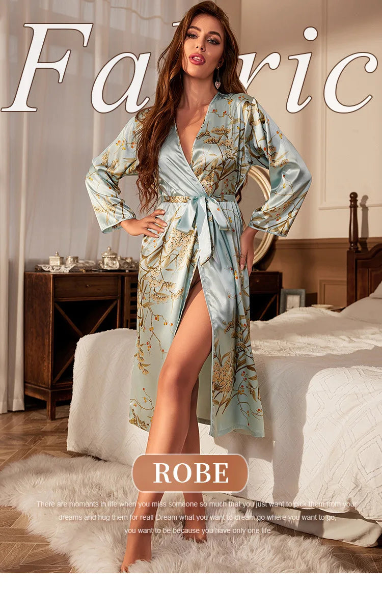 Fashion Home Printed Long Sleeved Nightgown for Women Luxury Thin Sexy Lace Up Morning Gown Cardigan Pajamas Ice Silk Bathrobe