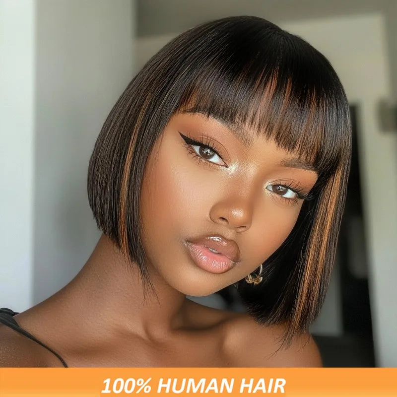 Rebecca Glueless Short Bob Wig with Bangs Dark Brown (1B/30), 8 Inch Natural Look, Machine-Made Human Hair Wig, Everyday Wear