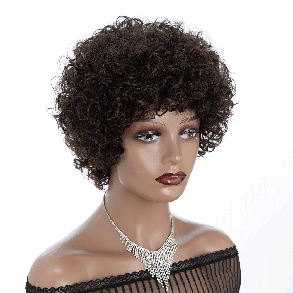 Brazilian Afro Puff Pixie Bob Wig 99J Natural Brown Full Machine Made Pre-Plucked Bangs 100% Human Hair For Black Women