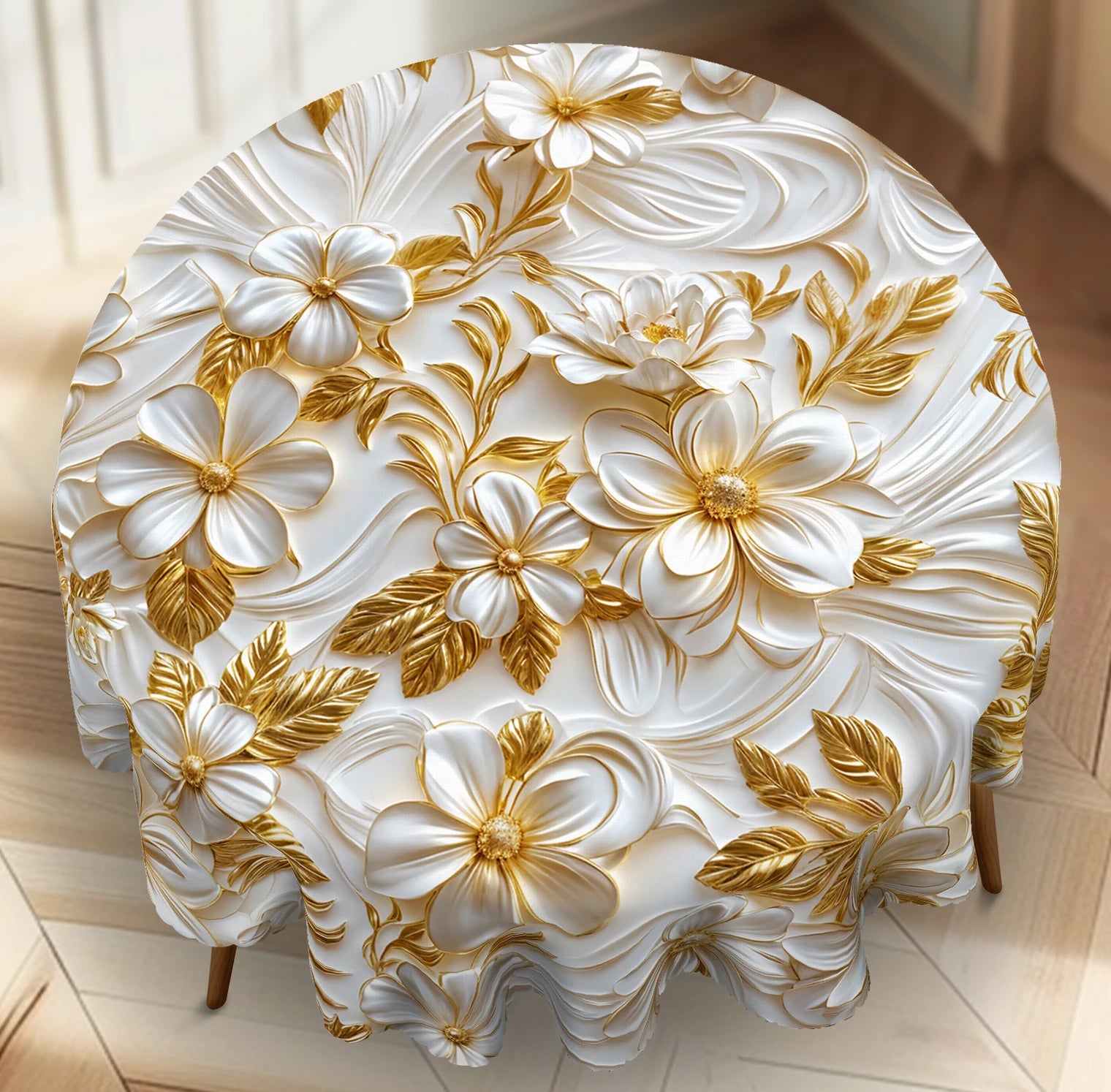 1 Mantel redondo y rectangular retro floral, disponible en varios tamaños, diseño de impresión de patrón floral dorado 3D estéreo, primavera y verano, adecuado para cocina casera, manteles para banquetes, Pascua, bodas, mar