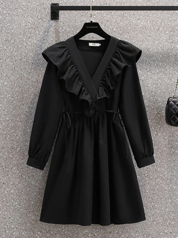Plus Size Dresses Women Autumn New Arrivals Long Puff Sleeve Black V Neck A Line Dress Large Size Women Clothing Dress