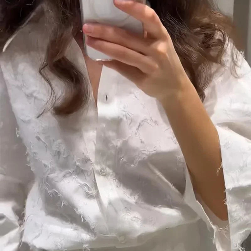 Summer Tassel Shirt Skirt Set For Women Elegant White Loose High Waist Pleated Maxi Skirts Suits 2025 Office Lady Street Outwear