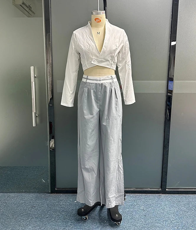 Womens Two Piece Sets Outfit Autumn Winter Spring New Fashion Casual Solid Color Loose Fitting Short Top and Pants Set