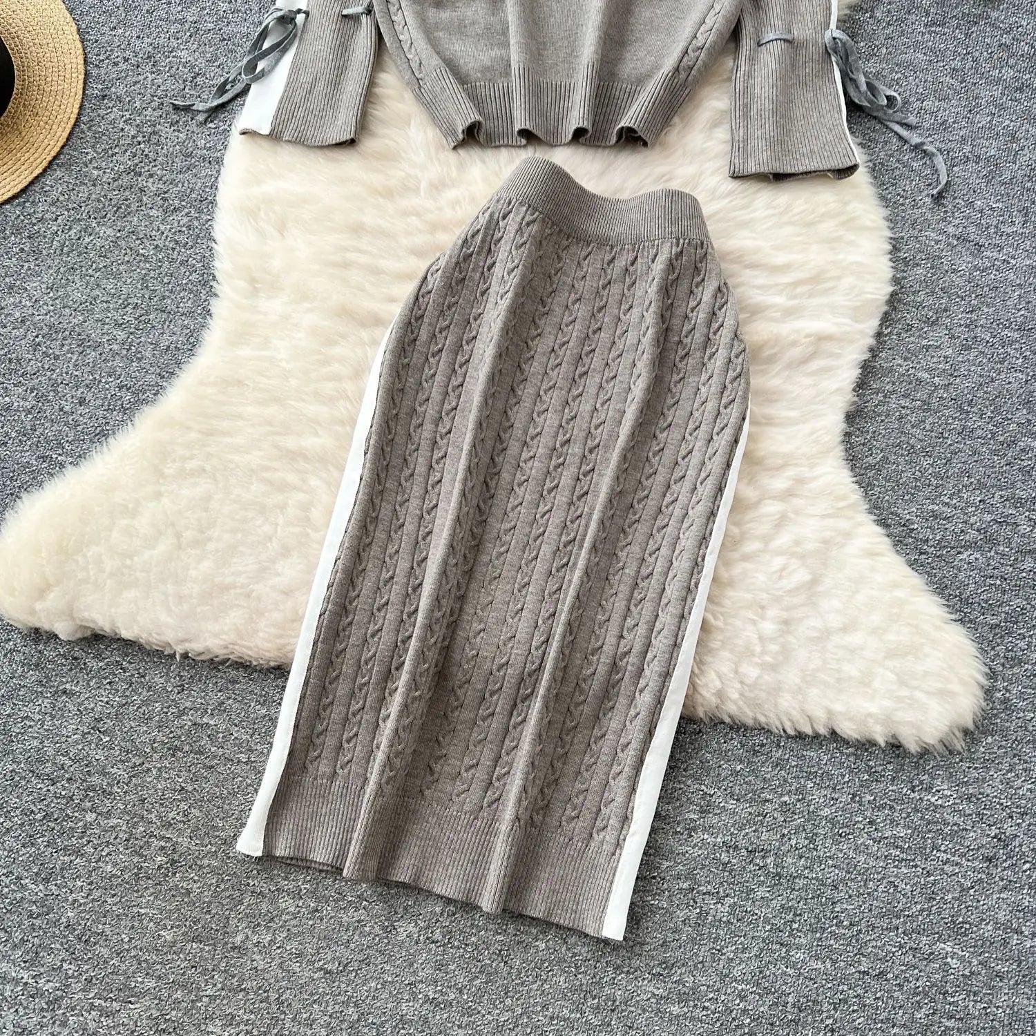 Two Piece Sets Women Skirt Set Turtleneck Knitted Full Sleeve Tops Mid Length Skirts Wrap Hip High Waist Y2k Streetwear Elegant