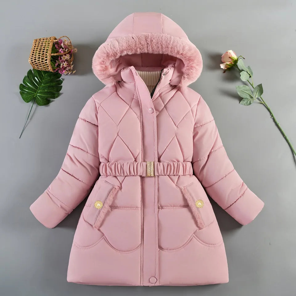 New Winter Keep Warm Girls Jacket Thick Solid Color Fur Collar Hooded Parkas Coat For 4-10 Years Kids Children Outdoor Outerwear