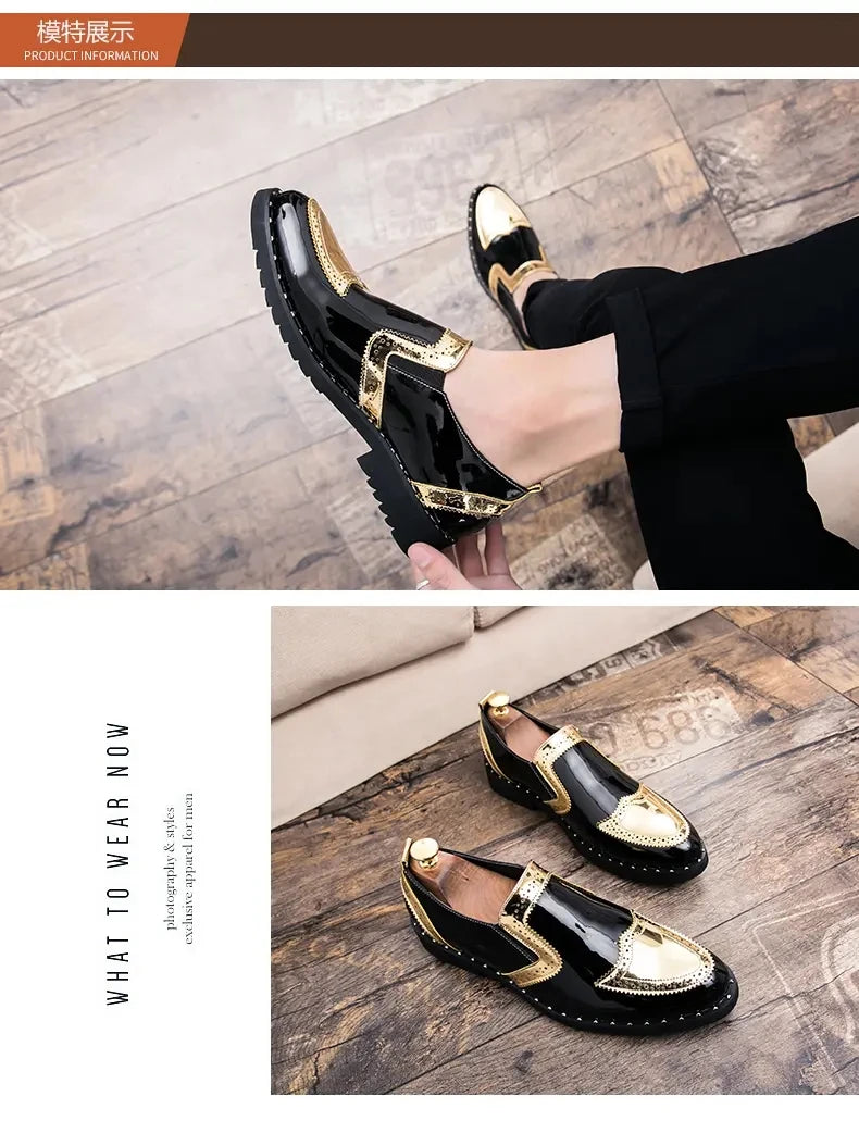 Zapatos Formales de Hombre de Moda, Mocasines Ligeros para Exteriores, Zapatos de Cuero con Suela Gruesa Resistentes al Desgaste, Negro, Dorado y Plateado, Tallas 38-48