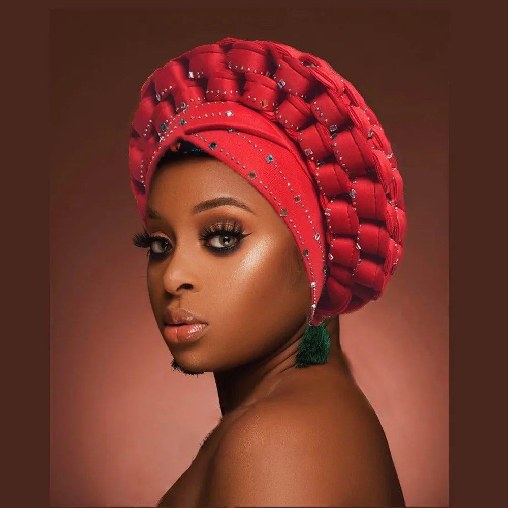 Rhinestone Auto Gele Headwrap – Sparkling African Elegance