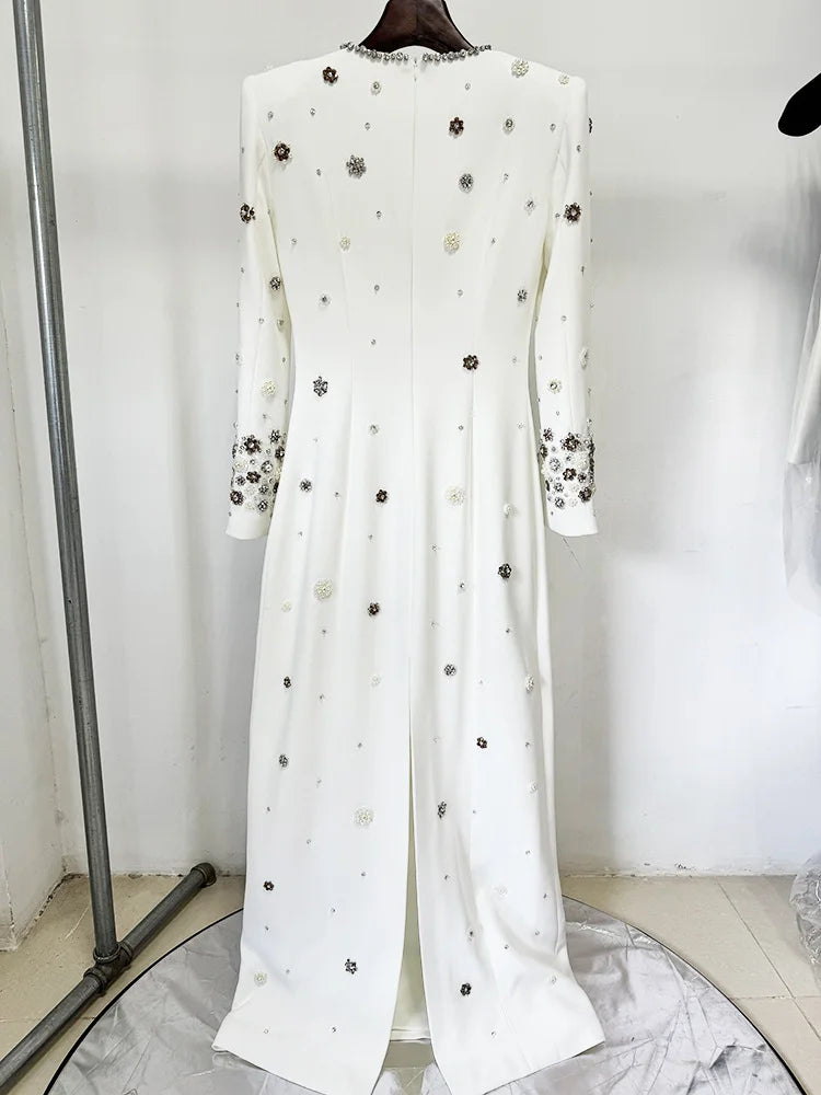 HIGH STREET Newest Fashion  Designer Party Vestido Women's Formal Long Sleeve Luxurious Beaded Long Maxi Dress