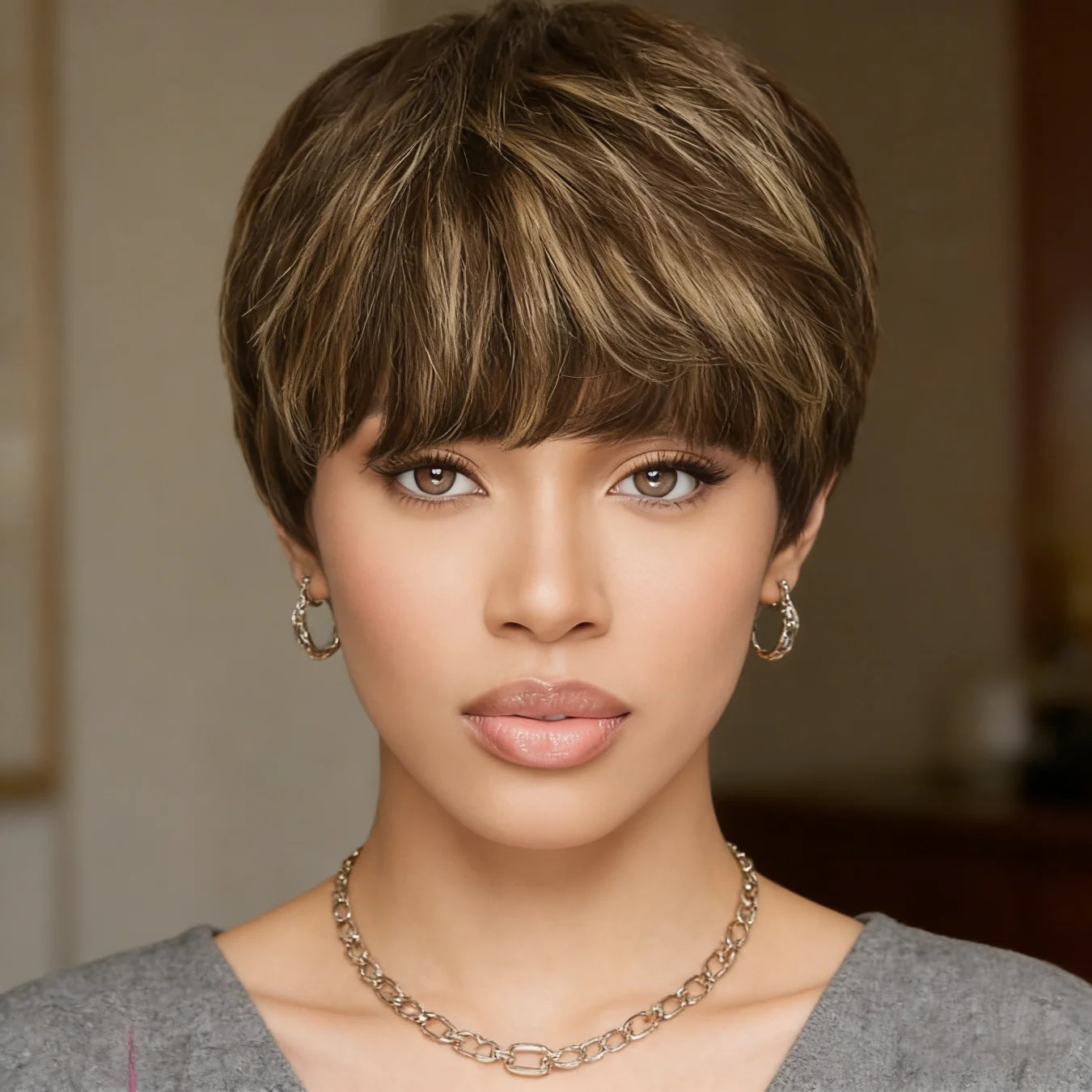 P4/27 Mixed Brown Highlight Pixie Cut Wig Human Hair for Women Short Straight with Bangs 180% Density Natural Look Versatile St