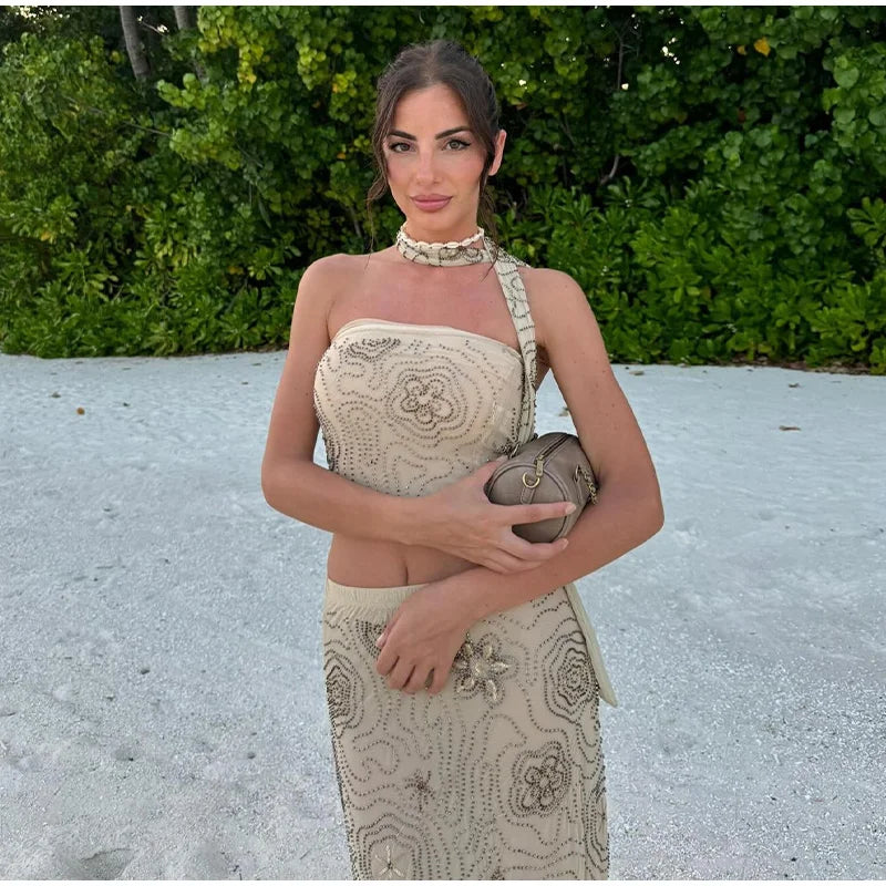 Beach Tank Top Skirt Women's Set Beading Print Shawl Collar Sleeveless Tops Pleated Maxi Skirts 2025 Summer Fashion Lady Outfit