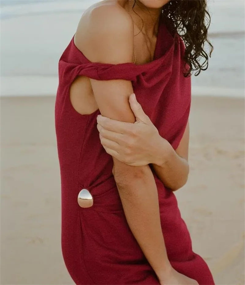 Women's New Dress Summer Red Linen Blend Pleated Midi Dress Irregular Collar Design Sexy Fashion Sense of Luxury