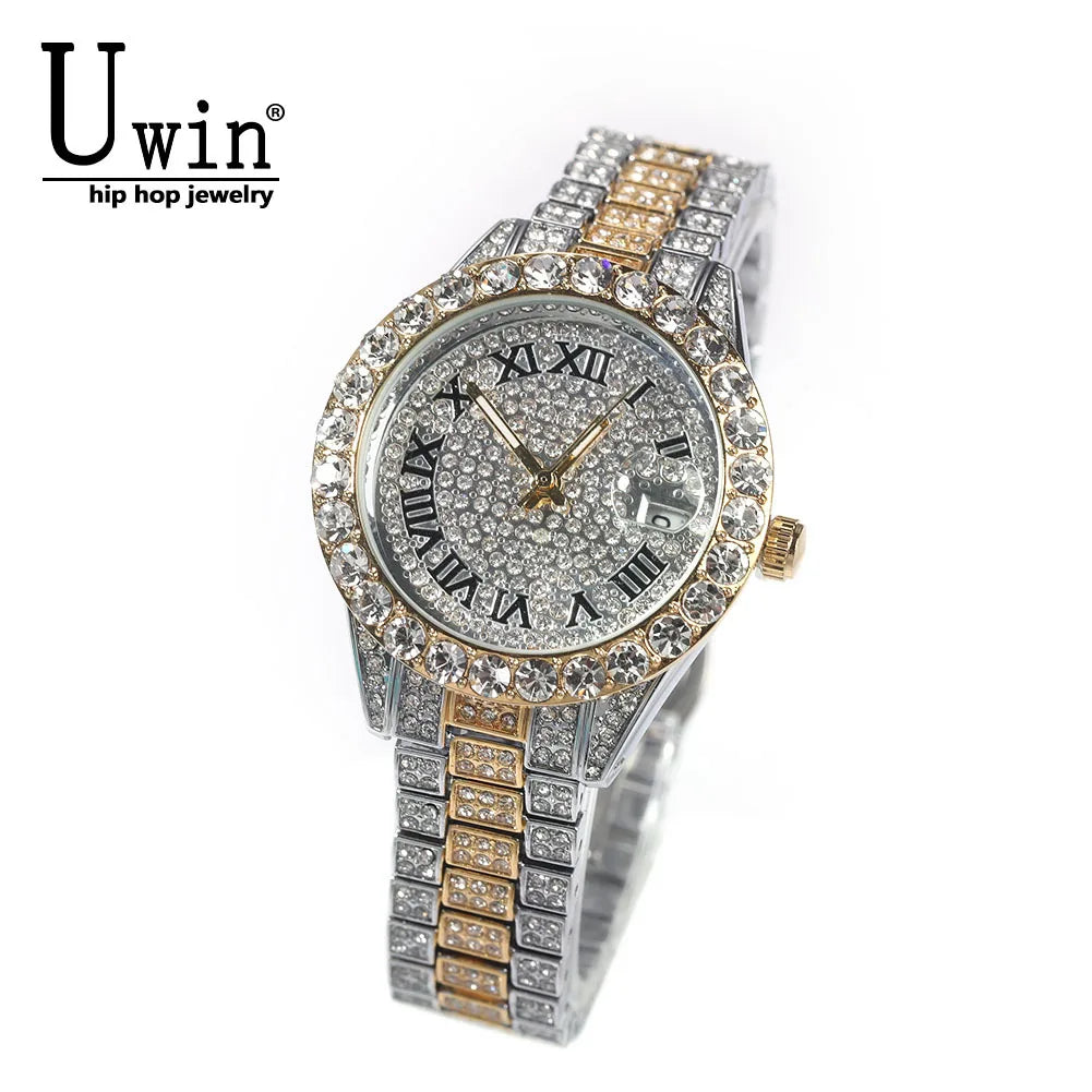 Uwin Women's Watch Baby Pink Iced Out Quartz Clock Small Dial Luxury Rhinestone Waterproof Wrist Watch Small Size For Women