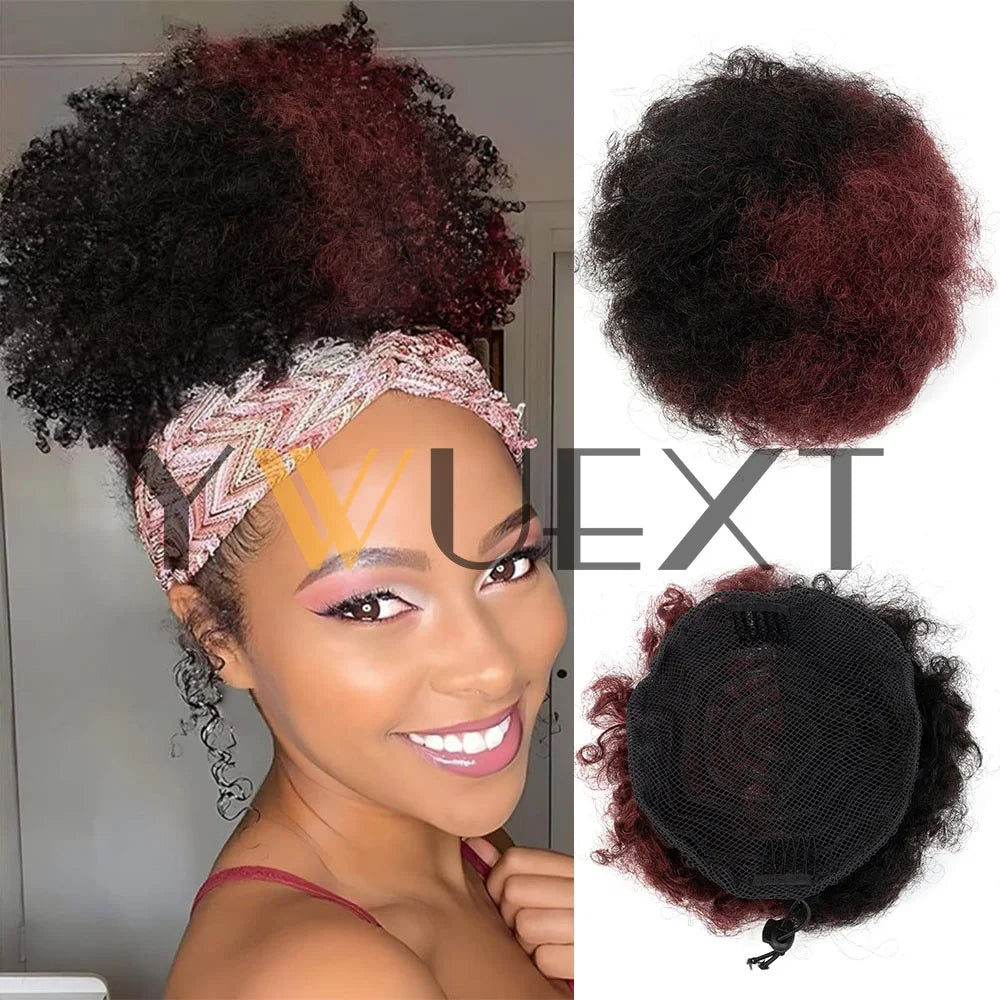 Afro Puff Ponytail 4-6 Inch Human Hair Puff Ponytail Hair Extensions Clip On Kinky Drawstring Curly Ponytail Bun Durable Natural Soft And Smooth Hairpiece Kinky Curly Bun Hair Clip In Drawstring Curly Ponytail Bun