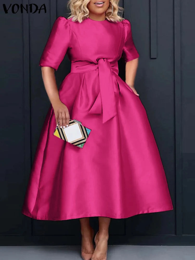 VONDA Elegant Women Satin Short Sleeve Midi Dress Summer Vestidos Casual Belted Loose Solid Color Long Sundress Oversized
