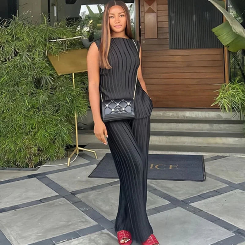 2 Piece Sets Women Outfit Elegant Pleated Sleevelss Slim Top and Wide Leg Pants Set Chic Womens Clothing