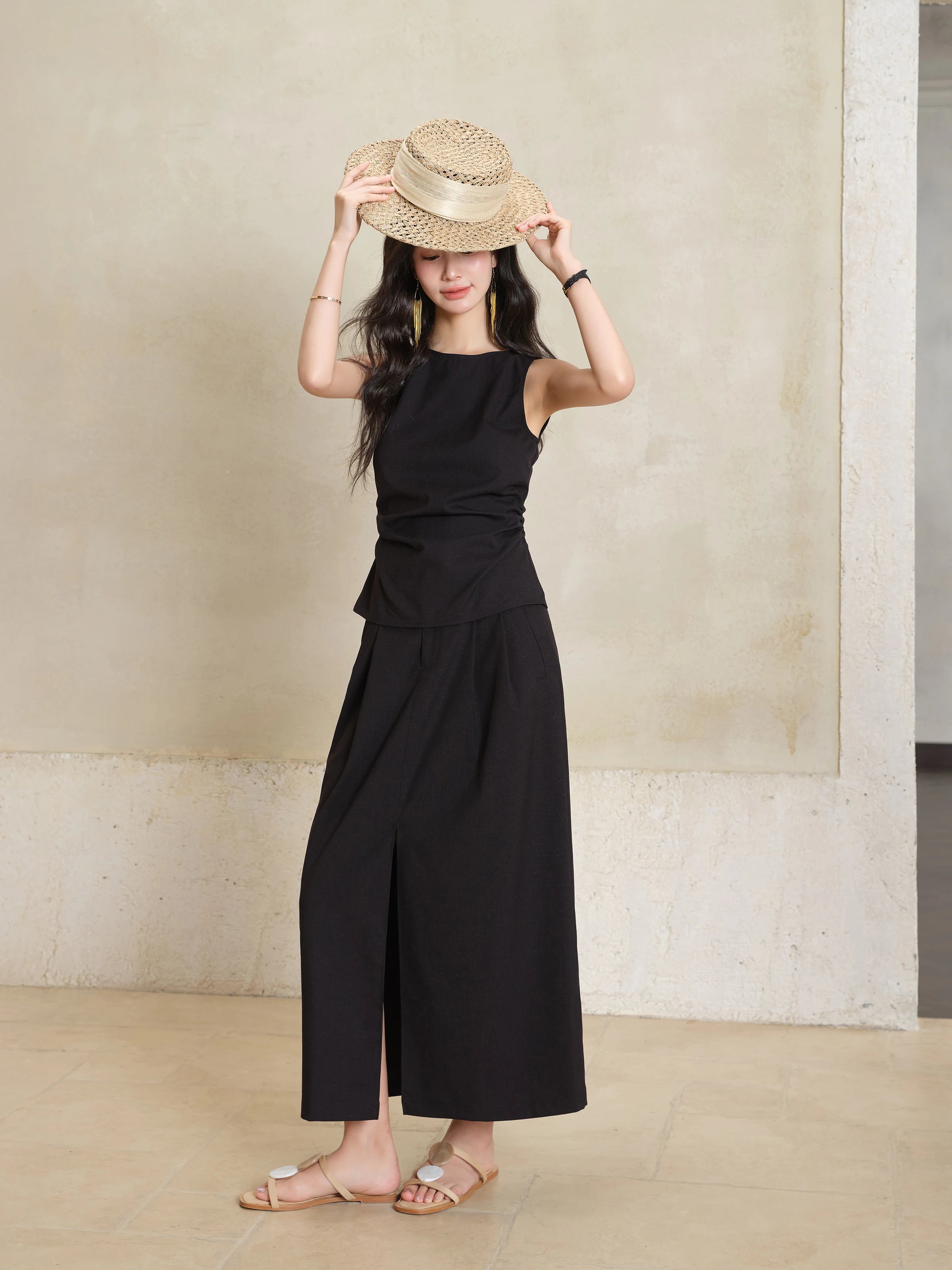 Black Sleeveless Top Skirt Set Women Petite Slim Fit Shirt Split Hem Straight Maxi Skirt Summer Two Piece  Elegant Matching Set
