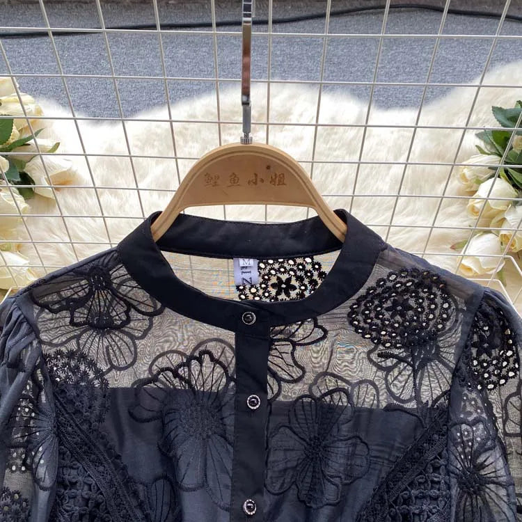 Luxury Women Lace Shirt dress White Black  New Vintage embroidery Lantern sleeve dresses with belt Sexy clothes INKEO 4D062