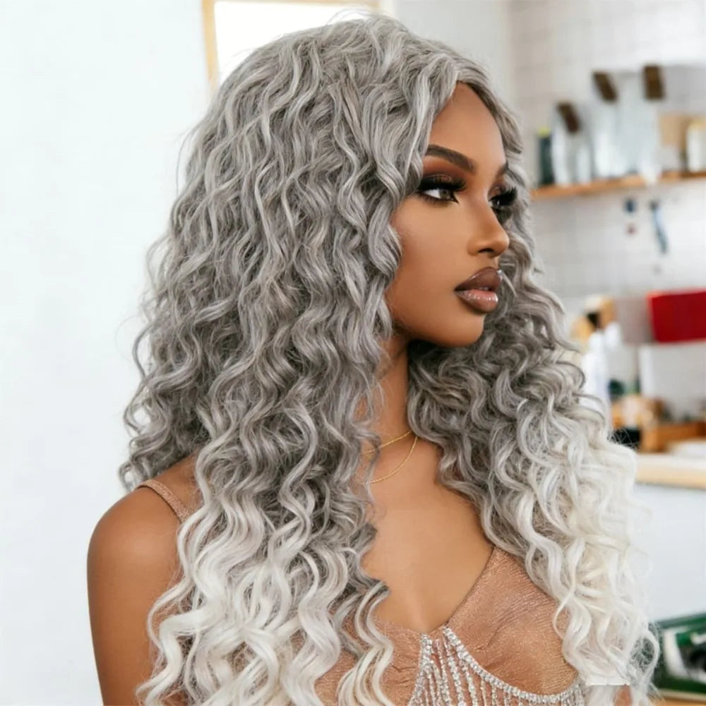 Gray Ombre White Lace Front Wig 13x4 HD Deep Wave Synthetic Wigs Perfect for Daily Wear Parties Special Occasions