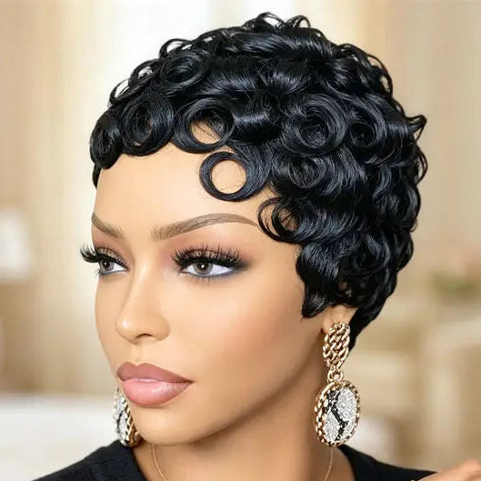 Curly Pixie Wig with Bangs