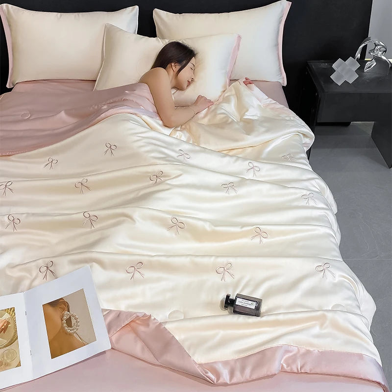 Princess Summer Quilt Korean Soft  Washed Silk Full Embroidery Tencel Cool Quilt  Women Girl For Summer Comforter Bedding