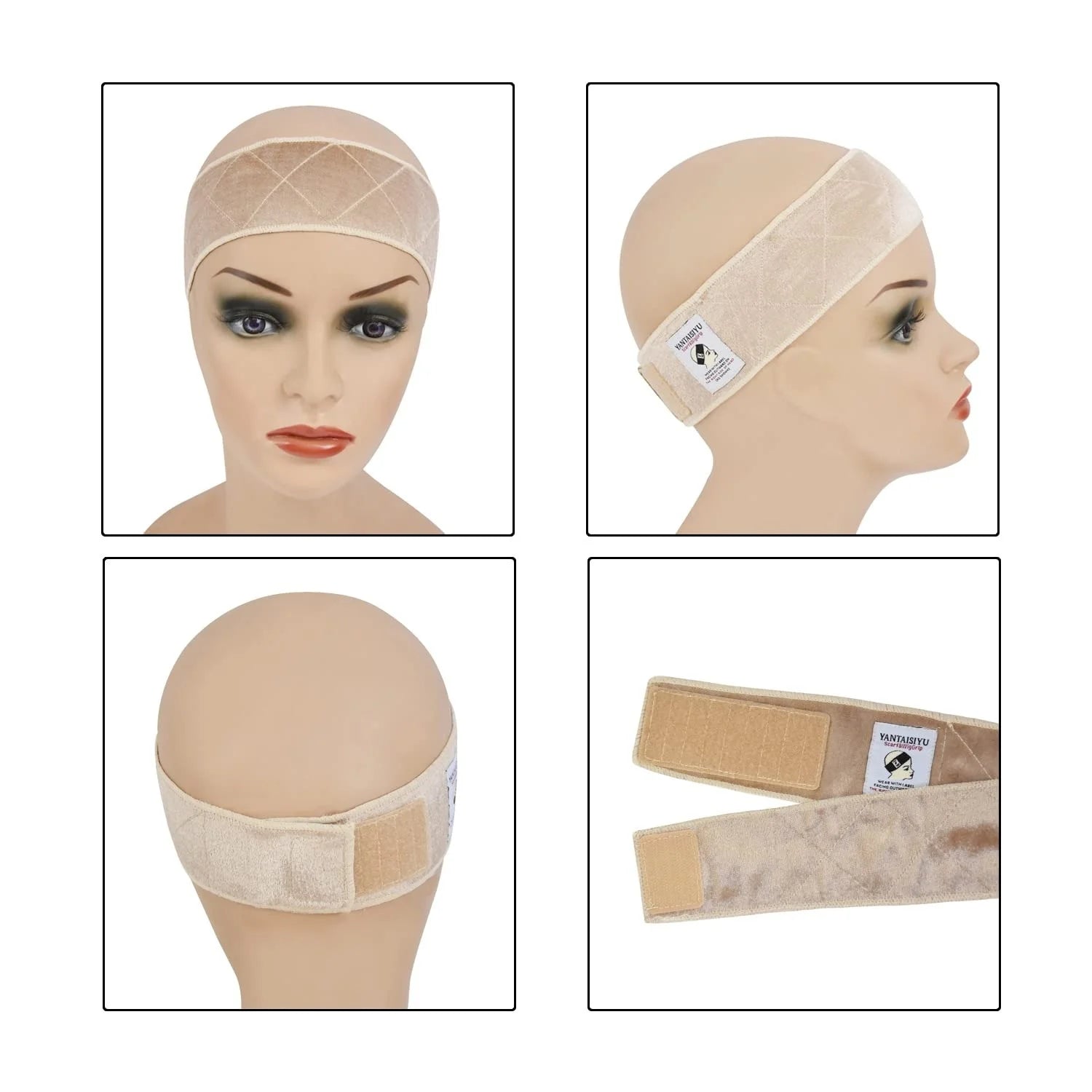 Wig Grip Band for Women, Beige Velvet Wig Headband with Adjustable Magic Tape, Non-Slip Wig Hold Band for Securing Wigs & Hat