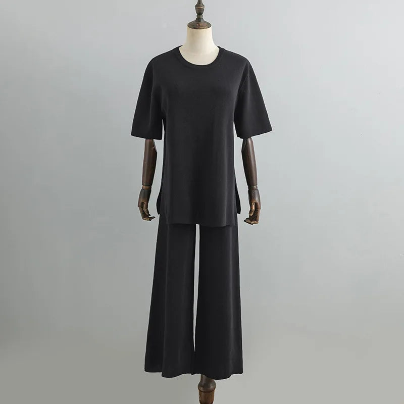 Pants Suit Women V-neck Loose Split Knit Tops Fashion Two-piece High Waist Straight Casual Pants Two Piece Sets Womens Outifits
