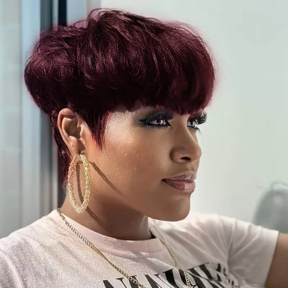 Pixie Cut Parykk Kort Parykk i Menneskehår Full Maskinlaget Parykk Rett Hår for Kvinner
