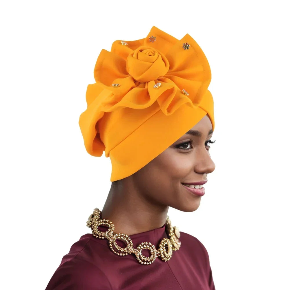 2025 Trendy Women Big Flower Turban Hat Fashion Muslim Hijab Caps Beads Head Wrap Bonnet Bandana Chemo Cap African Headties Hats