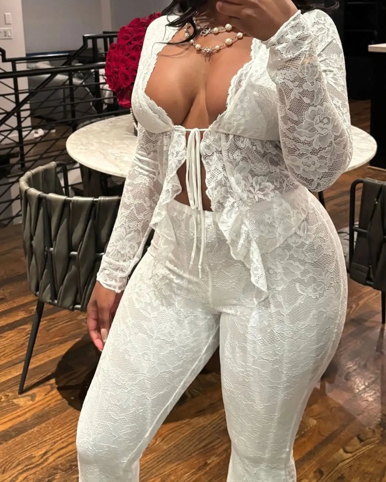 Pant Sets Women Two Pieces Cardigan Lace Sexy Tops Tracksuit Full Wide Leg Pants Loose Fit Casual Spliced High Waist Solid