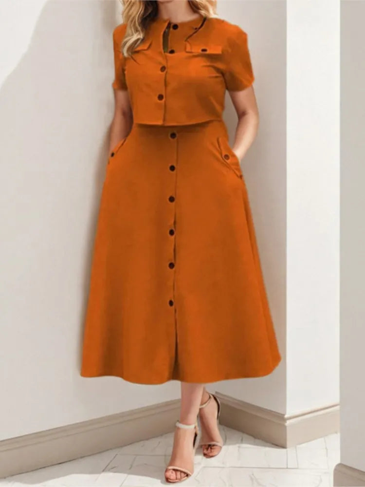 Spring Summer New Women's Clothing Elegant Solid Color Casual Short Top Single Breasted Skirt Fashion Set