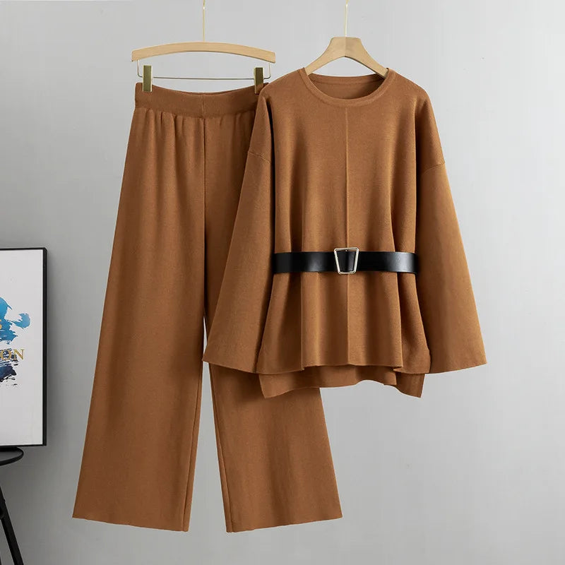 New Fashion Elegant Sweater Pants Suit Women Outifits 2025 Autumn Loose Sweater with Knitted Wide-leg Pants Female Two-piece Set