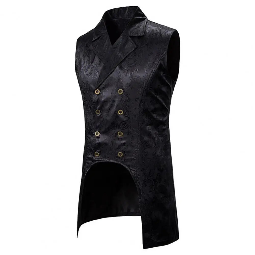 Men Vest Retro Sleeveless Slim Fit Mid Length Vest Lapel Double-breasted Split Hem Loyal Gentlemen Medieval Waistcoat
