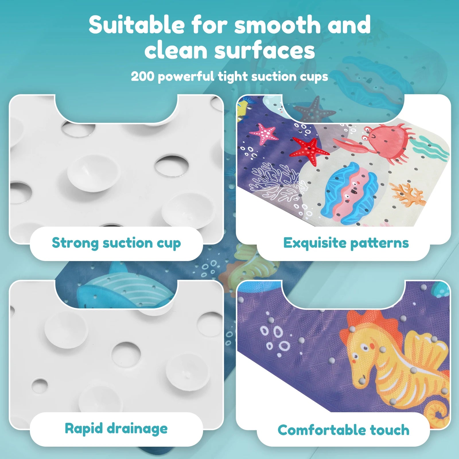 Alfombrilla de Baño Antideslizante para Bebés con Ventosas y Agujero de Drenaje, Alfombrilla de Ducha para Niños con Diseño de Mundo Marino de Dibujos Animados