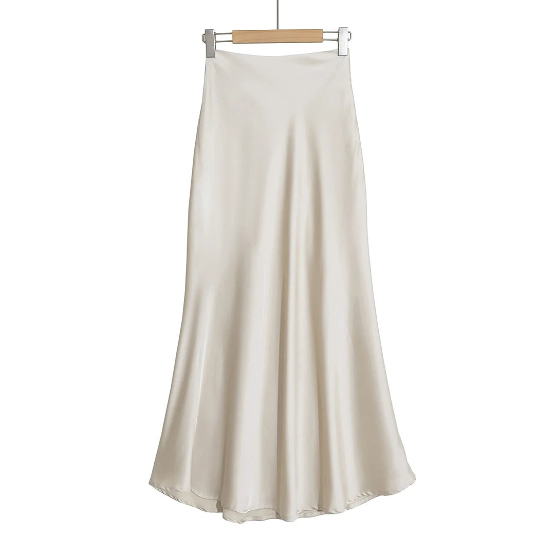 Elegant Satin Midi Slip Skirt with Side Zipper – Smooth & Flowing Fit for Versatile Styling