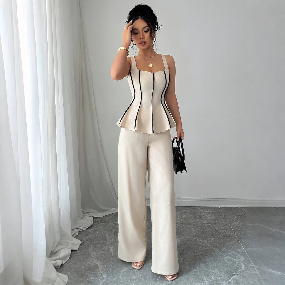 Two Piece Sets Women Pant Set Sleeveless Matching Sets Ruffles Tops Y2k Streetwear Elegant Work Wide Leg Long Pants High Waist