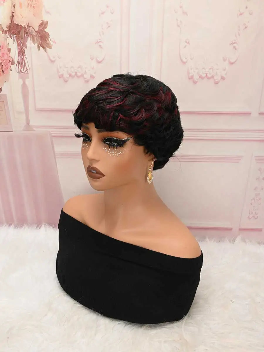 Black Burgundy Highlight Short Curly Pixie Wig Synthetic Bangs Wig For Daily Party