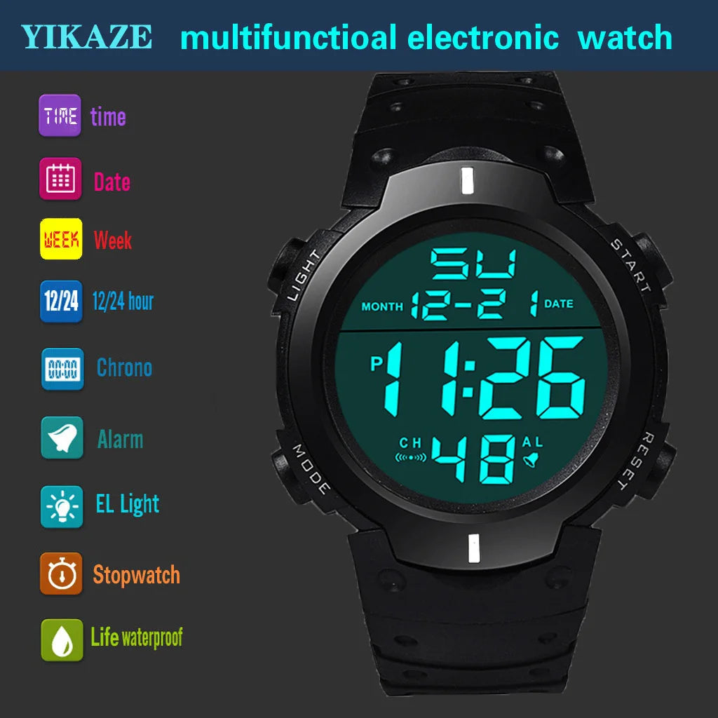 Montre électronique de sport pour homme, étanche, lumineuse, multifonction, pour le fitness en plein air, grand écran