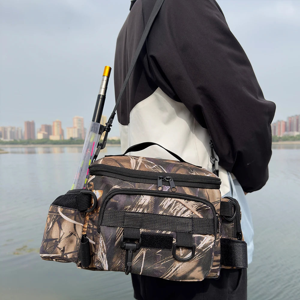 Mochila de pesca, caja de señuelos, bolsa de almacenamiento de aparejos, riñonera para hombres, mochila de pesca con mosca con soporte para caña, bolsa de hombro.