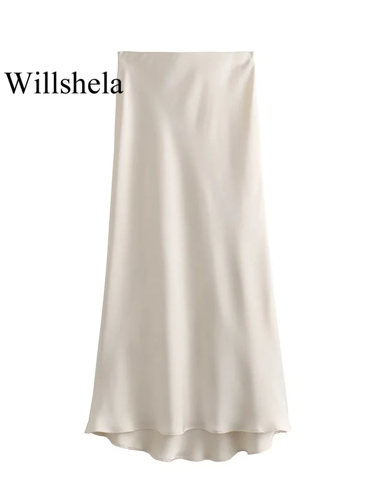Willshela Falda de satén negra para mujer, falda larga elegante de cintura alta para mujer, falda midi de moda de verano, faldas de oficina para mujer