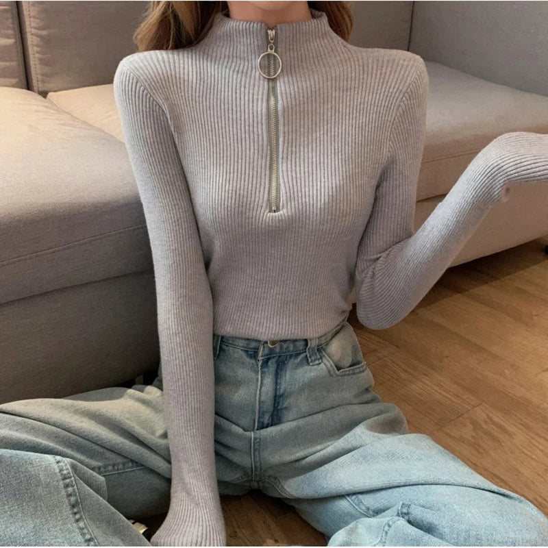 Suéter de punto para mujer con cremallera, cuello medio alto, jerséis de otoño e invierno, suéteres básicos de mujer, prendas de punto ajustadas, tops de mujer