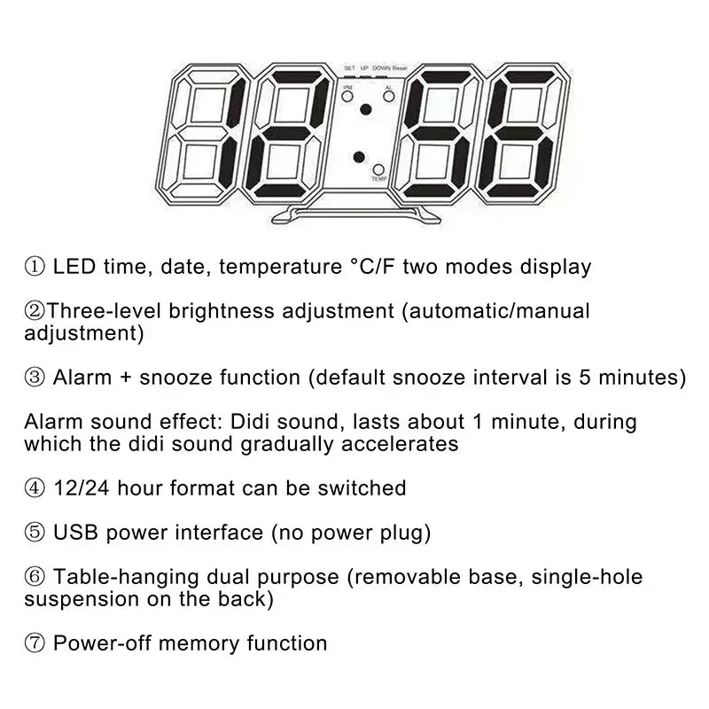 Digital Clock Wall Clocks Decoration for Bedroom Adjustable Electronic Watches 3D LEDs Home Decor Night Mode Watch Glowing